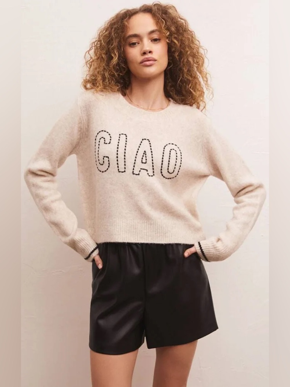 Z Supply “Ciao” Cropped Beige Sweater